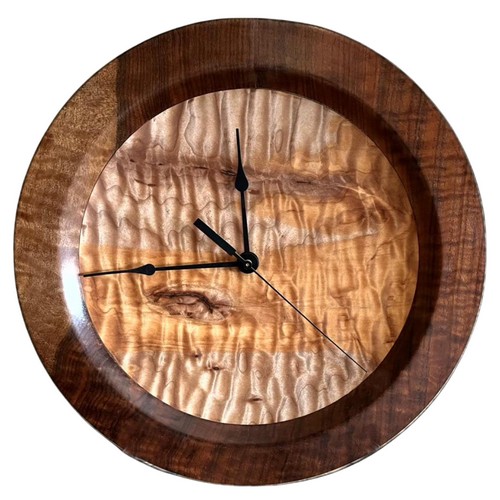 MH104 Clock, Claro Walnut & Quilted Maple $300 at Hunter Wolff Gallery